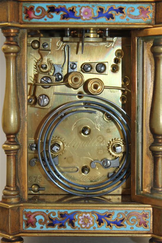 A late 19th century French gilt brass and champleve enamel hour repeating carriage alarum clock, 4.75in., with travelling case